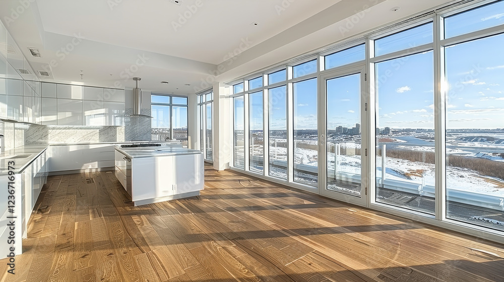Fototapeta premium Modern open plan kitchen in vacant apartment with large windows and scenic views. bright space features wooden flooring and sleek design elements