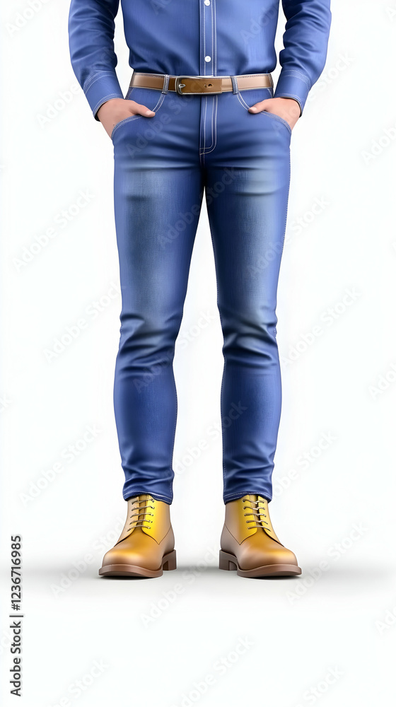 Man in denim jeans and yellow boots, hands in pockets, against white background. For fashion e-commerce Man in denim jeans and yellow boots, hands in pockets, against white background. For fashion e-commerce