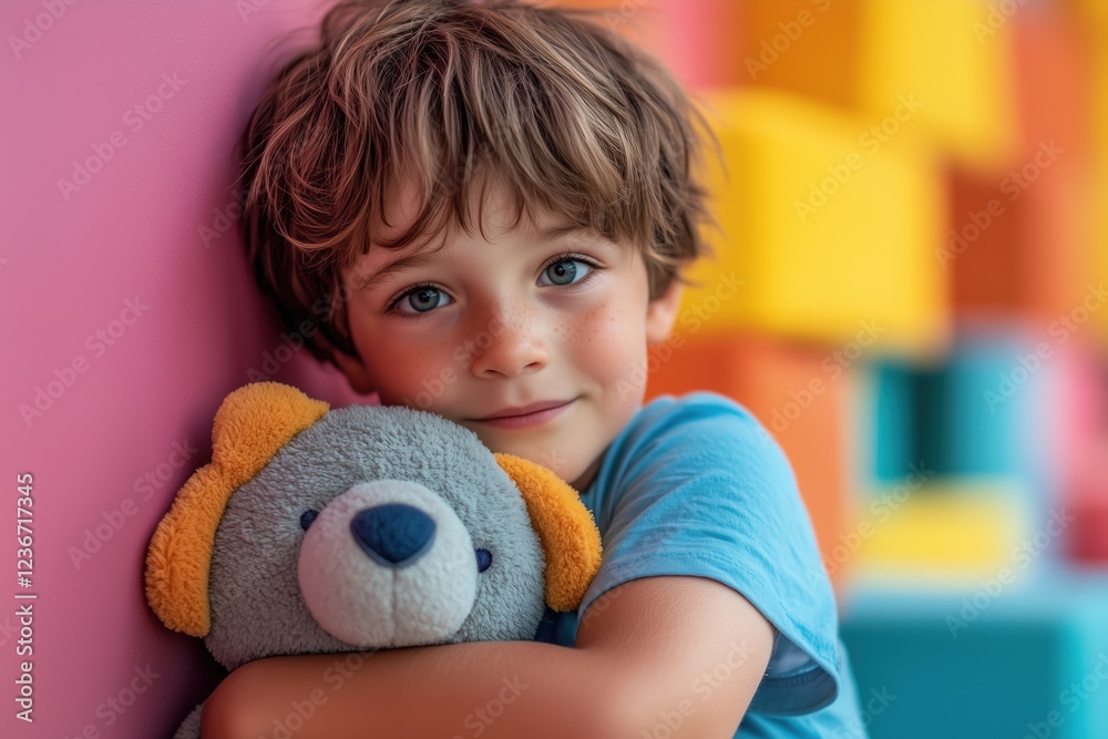 Shy child hugs favorite stuffed animal while relaxing in a colorful play area Shy child hugs favorite stuffed animal while relaxing in a colorful play area
