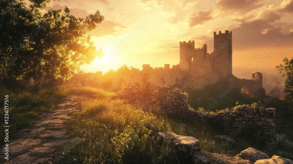 Fototapeta premium Golden Hour at the Ancient Castle Ruins