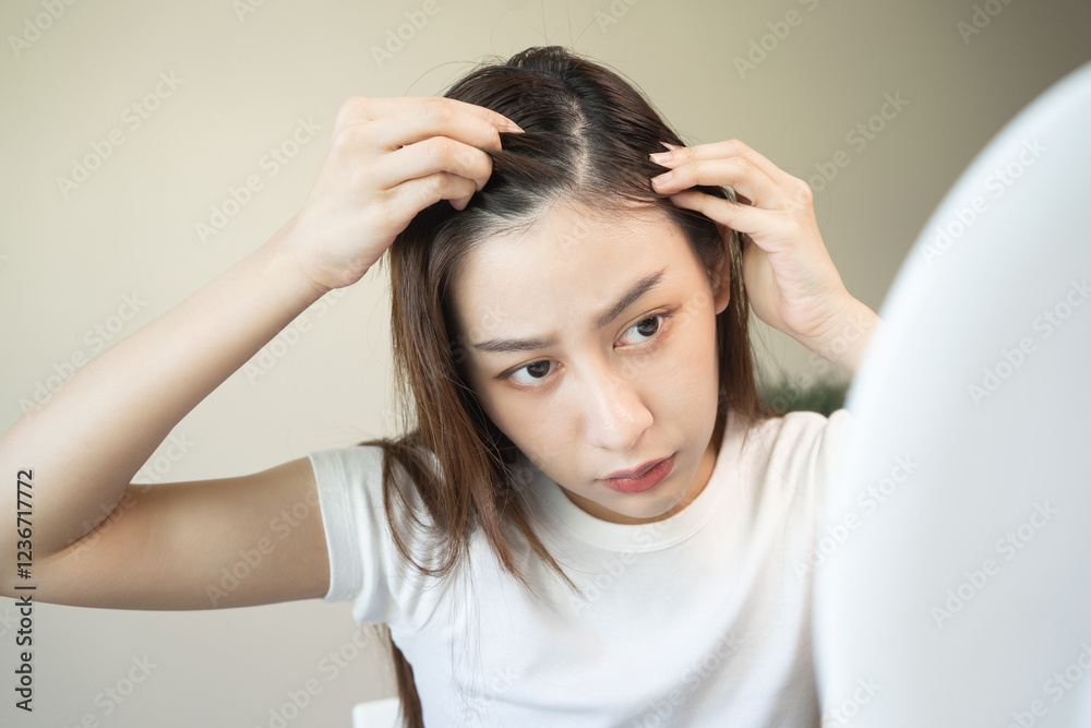 Hair loss problem, Asian woman look at scalp worry about balding. Hair loss problem, Asian woman look at scalp worry about balding.
