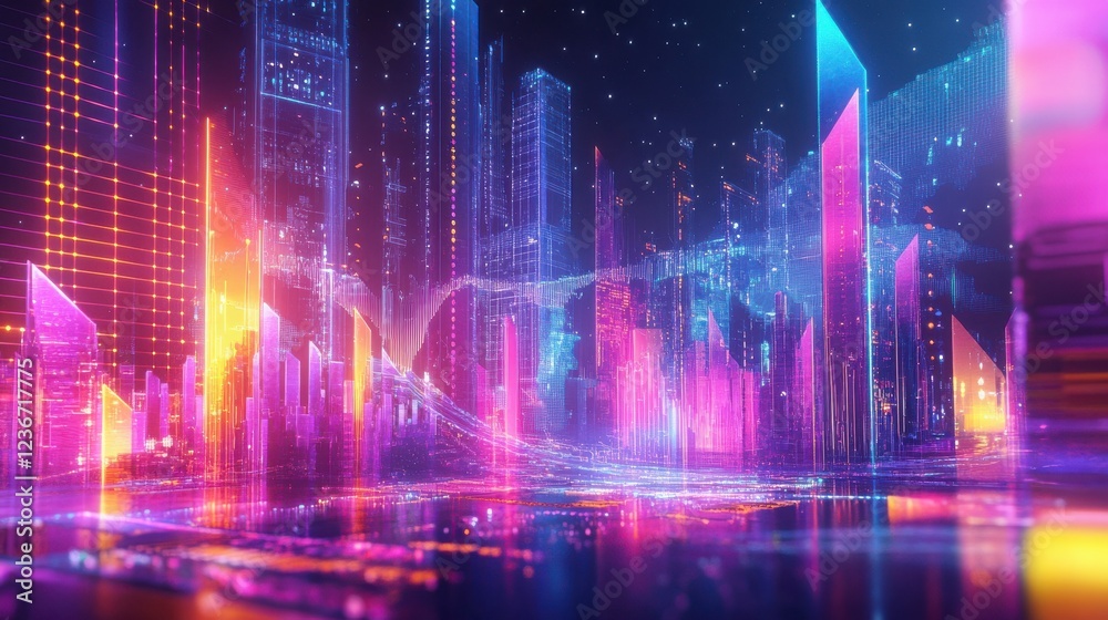 Obraz premium Futuristic digital visualization of economic policy influencing employment rates and workforce trends depicted through abstract data charts graphs and icons in a dynamic colorful conceptual design