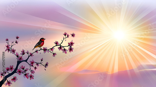 Vibrant digital artwork of a bird on a blossoming branch with a radiant sunrise background
