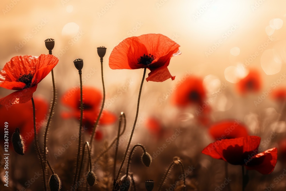 Obraz premium Beautiful red poppies blooming in a field at sunset, creating a peaceful and vibrant scene
