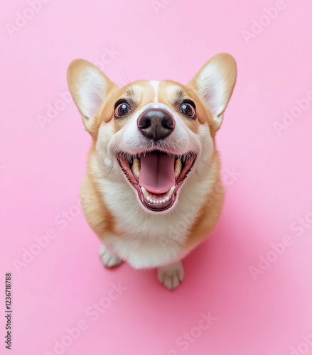 Adorable corgi dog smiling on a pink background, showcasing cute ears and a friendly expression