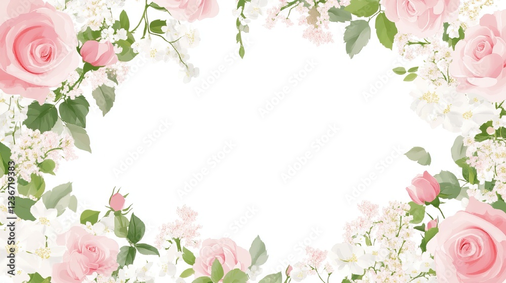 Elegant Pink and White Rose Border on a Clean White Background, Perfect for Wedding Invitation or Card Template Design Elegant Pink and White Rose Border on a Clean White Background, Perfect for Wedding Invitation or Card Template Design