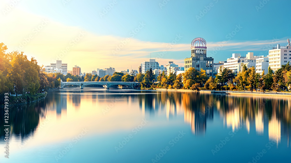 Fototapeta premium Peaceful sunrise over Hiroshima Peace Memorial Park lake, reflecting city skyline; ideal for travel brochures