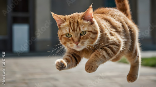 Wallpaper Mural Ginger Cat in Motion: A vibrant ginger tabby cat leaps gracefully through the air, its striped fur and intense green eyes captivating the viewer.  The shallow depth of field blurs the background. Torontodigital.ca