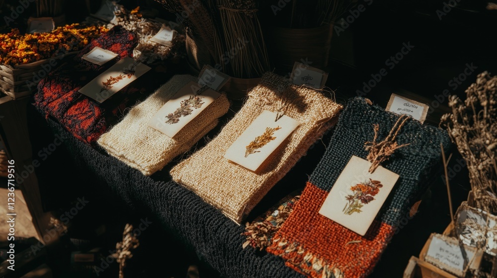 Obraz premium Handcrafted Textiles Displayed on Rustic Market Table
