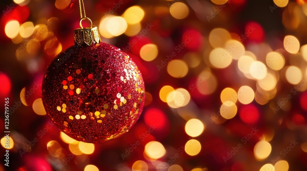 Shiny Red Christmas Ornament on Blurred Background Shiny Red Christmas Ornament on Blurred Background