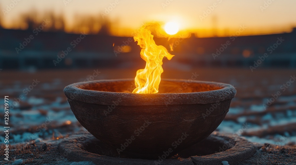 Burning bowl, sunset, snowy ground, remembrance Burning bowl, sunset, snowy ground, remembrance