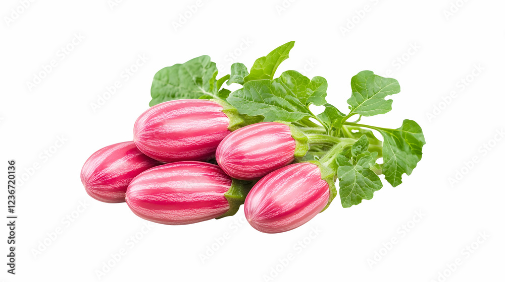 Pink Striped Eggplants with Leaves, Fresh Harvest, Studio Shot, Food Photography Pink Striped Eggplants with Leaves, Fresh Harvest, Studio Shot, Food Photography