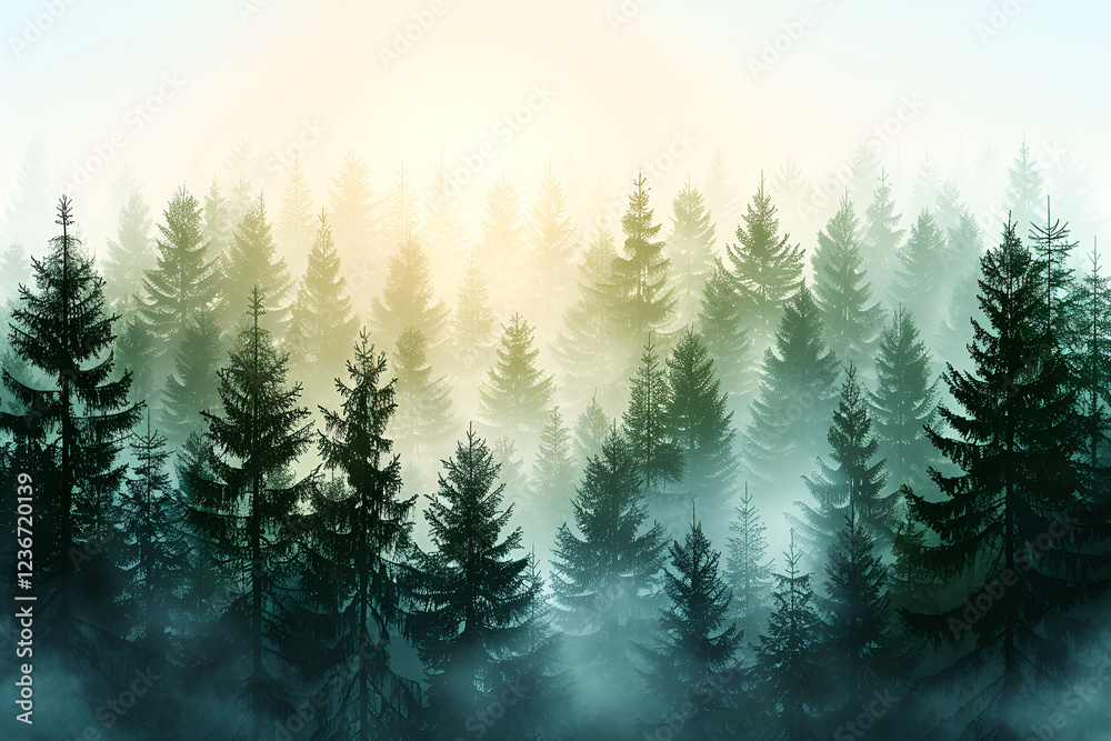 Obraz premium Misty forest landscape with tall evergreens and a soft glowing light in the background