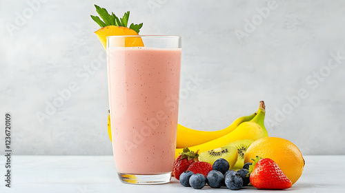 Pink smoothie with banana, strawberry, kiwi, and blueberry. Healthy breakfast drink photo