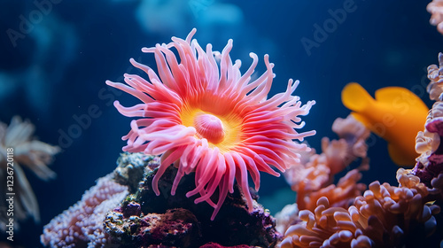 Pink sea anemone in aquarium, fish background, underwater scene, nature photography