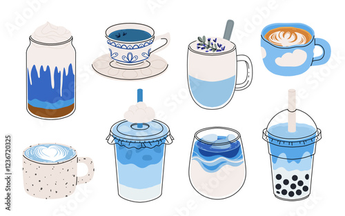 Blue latte and tea. Butterfly pea drinks. Ceramic cup on saucer, glass double wall cup. Blue tea drink with milk foam. Blue iced matcha latte in various cups. Vector Illustration, flat cartoon Icons.