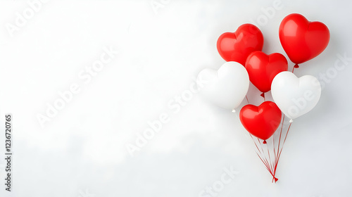 Red and white heart balloons on white background; Valentine's Day celebration; romantic design; perfect for greeting cards photo