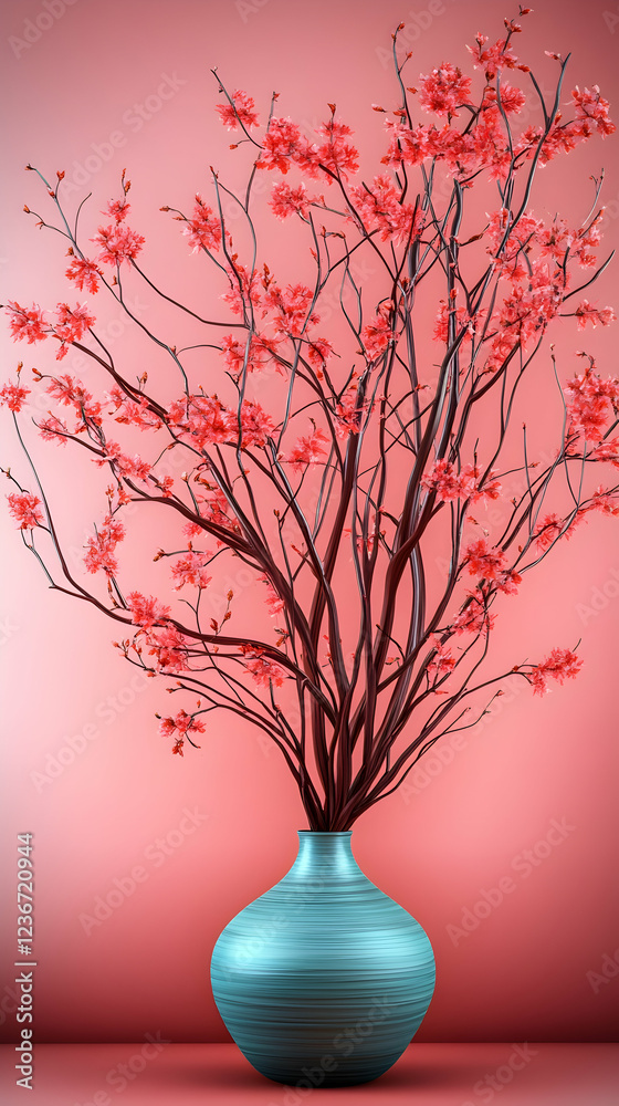 Red blossoms in teal vase against pink wall; home decor, spring Red blossoms in teal vase against pink wall; home decor, spring