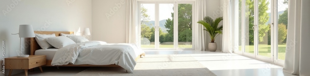 Spacious white master bedroom, sunlight streaming in, drapes, wide Spacious white master bedroom, sunlight streaming in, drapes, wide