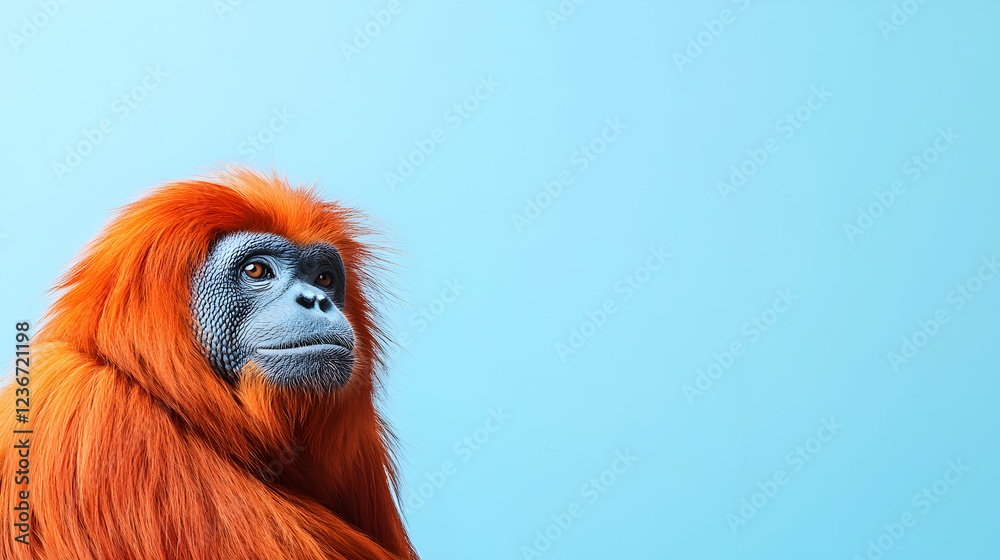 Obraz premium Red orangutan portrait, blue background, wildlife conservation