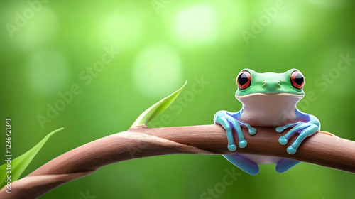 Red-eyed tree frog on branch, rainforest background, nature photography, website banner