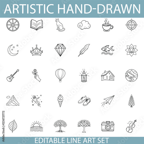 HandDrawn Line Art Icons Travel, Nature, Objects, and More