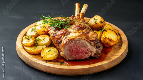 Roasted rack of lamb with roasted potatoes, herbs, and gravy on wooden plate.  Delicious food photography for recipe websites or cookbooks photo