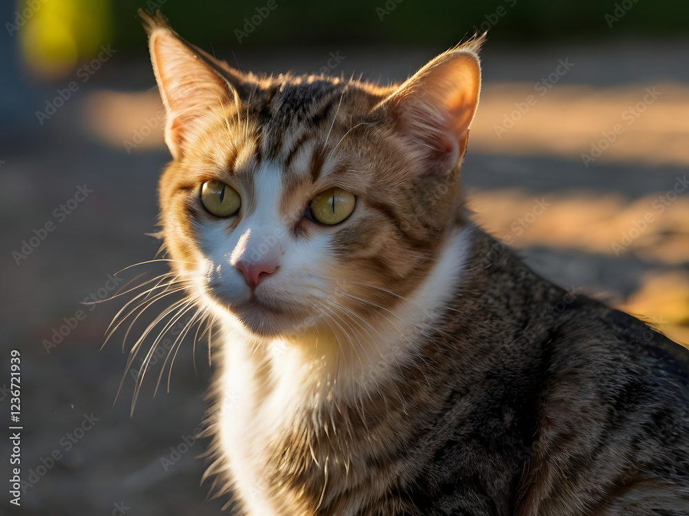 Golden Hour Cat: A captivating close-up of a tabby cat with striking yellow eyes, bathed in the warm, golden light of the setting sun. The cat's gaze is both alert and serene. Golden Hour Cat: A captivating close-up of a tabby cat with striking yellow eyes, bathed in the warm, golden light of the setting sun. The cat's gaze is both alert and serene.