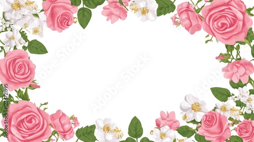 Elegant Pink and White Rose Border on a Clean White Background, Perfect for Wedding Invitation or Card Template Design