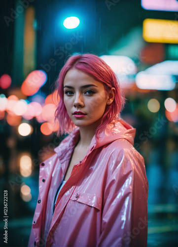 portrait of a woman with pink hair weaing pink jacket photo