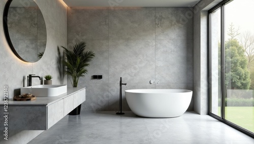 Calming grey stone, freestanding tub, ample countertop , calm, serene, wellness