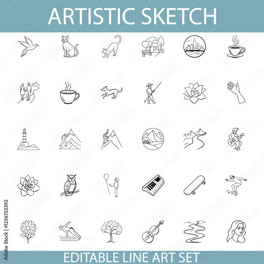 Fototapeta premium Editable Line Art Set Nature, Animals, Music, and More