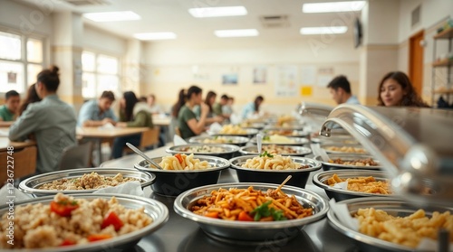 Busy student canteen featuring a variety of dishes served in stainless steel trays for lunch.