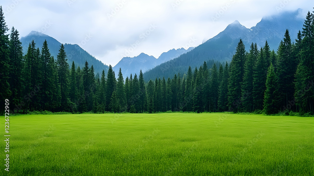 Fototapeta premium Serene mountain meadow, lush green grass, towering evergreen trees, misty peaks; nature, travel, landscape