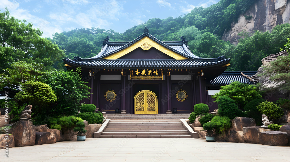 Serene mountain temple entrance, lush greenery backdrop; ideal for travel brochures Serene mountain temple entrance, lush greenery backdrop; ideal for travel brochures