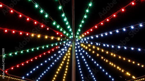 Colorful Festive Lights Radiate from Central Pole at Night