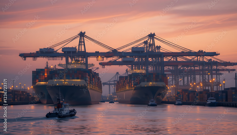 Fototapeta premium Shipping Port at Sunset Cargo Ships, Cranes, and Global Trade 