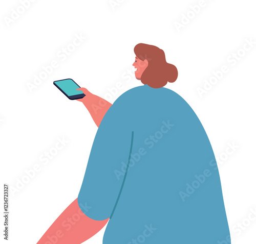 Journalist Or Reporter Female Character With Smartphone Rear View. Woman Interviewing, Live News, Visit Press Conference