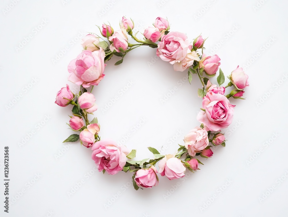 Elegant Pink Rose Wreath on a White Background, Flat Lay Composition, Minimalistic and Aesthetic Design Elegant Pink Rose Wreath on a White Background, Flat Lay Composition, Minimalistic and Aesthetic Design
