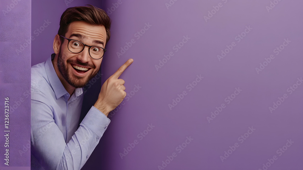 a happy businessman peeking from behind a purple wall, pointing at the empty space, isolated on a violet background with blank spaces for your advertising a happy businessman peeking from behind a purple wall, pointing at the empty space, isolated on a violet background with blank spaces for your advertising
