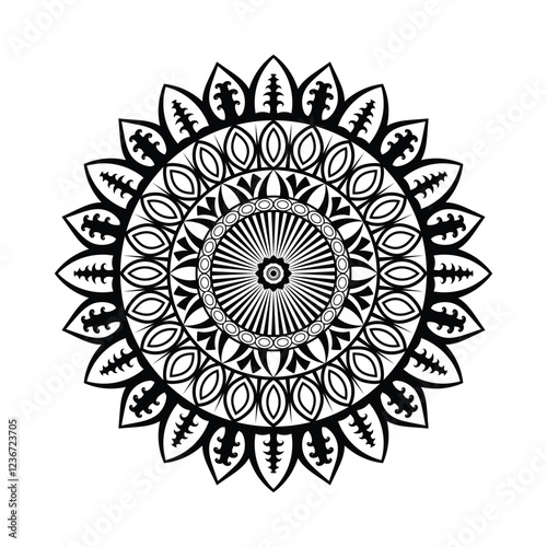 Minimalist black and white mandala design with intricate lines and sacred geometric elements