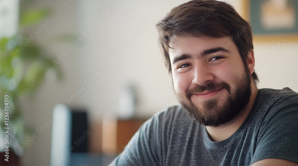 a happy male in a casual t-shirt, on a blurred background with a bookcase a happy male in a casual t-shirt, on a blurred background with a bookcase