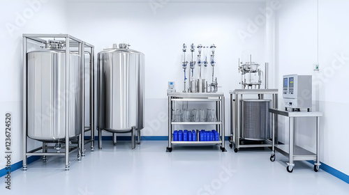 Stainless steel tanks and equipment in a cleanroom lab; pharmaceutical production; sterile environment; industrial manufacturing