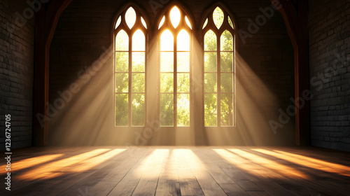 Sunlight streams through Gothic church window, illuminating wooden floor; peaceful, serene background for meditation or spirituality