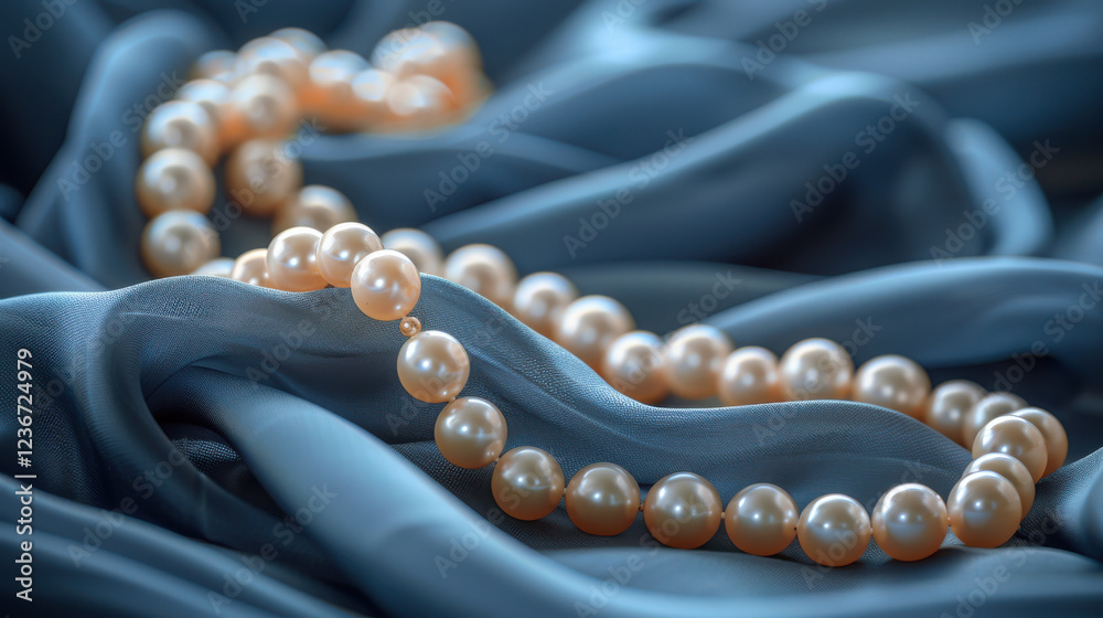 Elegant pearls draped on soft blue fabric create luxurious and serene atmosphere Elegant pearls draped on soft blue fabric create luxurious and serene atmosphere