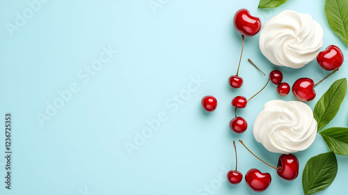 Sweet cherries and meringue dessert on pastel blue background; food blog, recipe, or website banner photo