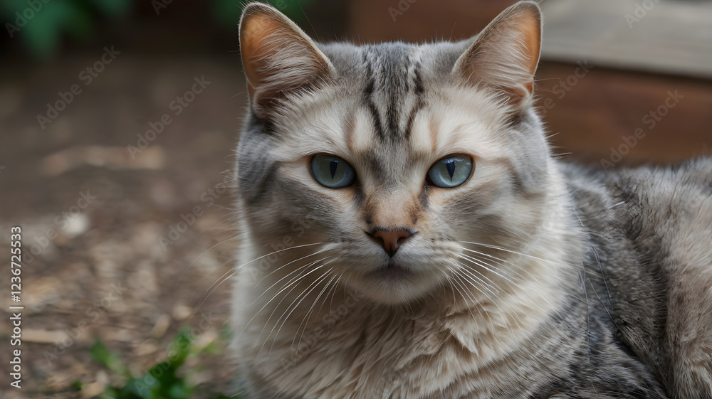 Fototapeta premium Silver Tabby Cat Portrait: A striking silver tabby cat with piercing blue eyes stares directly at the camera, displaying a captivating mix of curiosity and aloofness, captured in intimate detail.