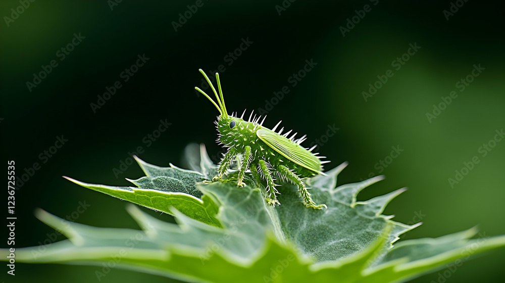 Thorny green grasshopper on leaf, nature background, macro photography, wildlife Thorny green grasshopper on leaf, nature background, macro photography, wildlife