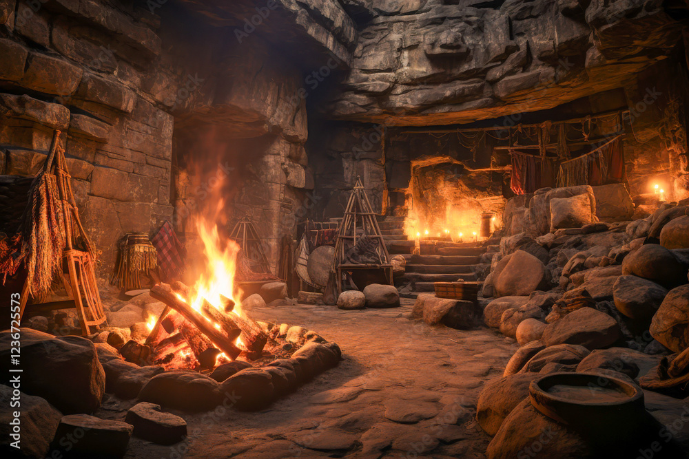 Campfire warmth fills an underground tunnel as flickering flames illuminate the stony surroundings and wooden chairs Campfire warmth fills an underground tunnel as flickering flames illuminate the stony surroundings and wooden chairs