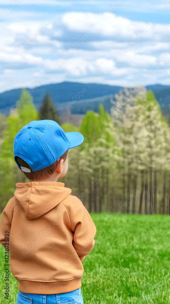 Toddler admiring mountain view, spring landscape, outdoor adventure, travel photography Toddler admiring mountain view, spring landscape, outdoor adventure, travel photography